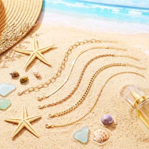 BODIY Plated Gold Ankle Bracelets for Women Cuban Link bracelet Layered Ankle Chains Boho Stainless Steel Anklet Summer Beach Foot Jewelry Gift Adjustable Size 5PCS