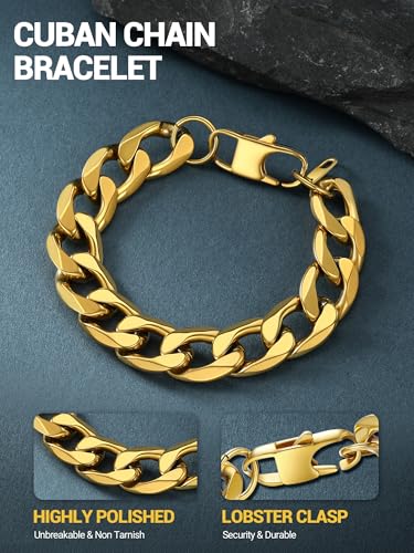 PROSTEEL Bracelets for Men, Figaro/Cuban Mens Bracelet, Silver/Gold/Black | 6/9/13mm Width, 7.5/8.3/9" Length, Stainless Steel Mens Bracelet, Durable & Non Tarnish, Chunky Jewelry with Gift Box - style: G 13mm-Cuban-Gold