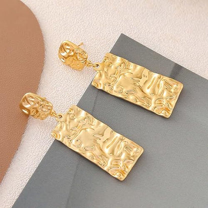 Large Geometric Drop Dangle Earrings for Women Pearl Teardrop Disc Rectangle Oval Fishtail Shell Shaped Textured Dangle Studs Earrings for Women - color: Gold-Rectangle