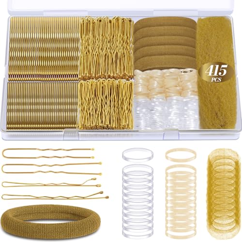 IKOCO 415pcs Bobby Pins Set, U Pins with Hair Ties and Hair Net, Gold | Strong Hold, Snag-Free, No Damage, Smooth Edges, Dance Competition & Ballet Ready, Ideal for Updos, Bun & Daily Styling - color: Gold