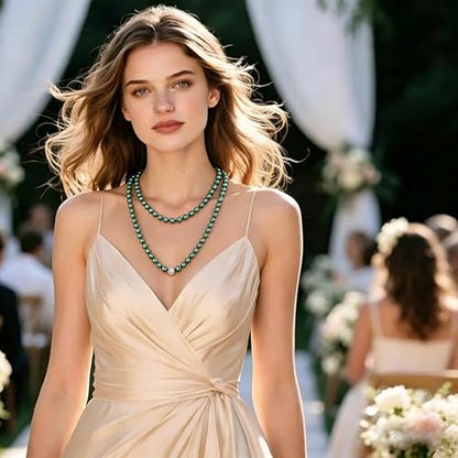Long Pearl Necklace for Women Dainty Zircon Bead Pearl Necklace Layered Faux Pearls Necklaces Long Wedding Long Pearl Necklace Delicate Jewelry for Brides - color: Style-H green