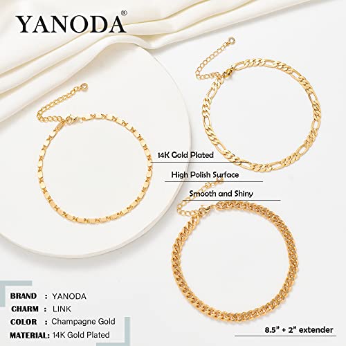 YANODA 3Pcs Gold Ankle Bracelets for Women Dainty 14k Gold Plated Layering Anklets Set Adjustable Fashion Link Chain Ankle Bracelet Adjustable Beach Foot Jewelry Gifts for Women - color: YP Mariner+Cuban(L)+Figaro