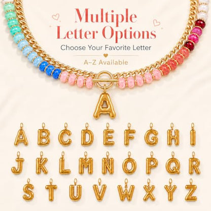 Colorful Beaded Bubble Letter Necklace For Women, Boho Double Layer Dopamine Rainbow Resin Beads Thick Cuban Chain Chunky With Initials Pendant Necklaces Summer Beach Jewelry Gift ﻿ - color: Dop T