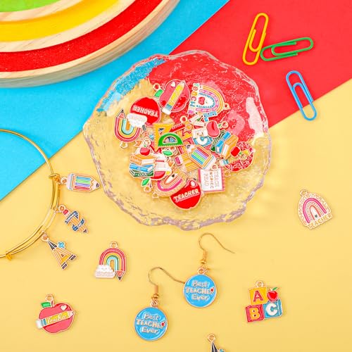 MARFOREVER 40Pcs/20 Pairs Teacher Charms School Charms for Jewelry Making | Assorted Pencil Book Globe Enamel Charms, Student School Pendants, Bracelet Necklace Earrings Making, DIY Craft Accessories - style: Teacher