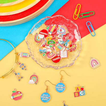 MARFOREVER 40Pcs/20 Pairs Teacher Charms School Charms for Jewelry Making | Assorted Pencil Book Globe Enamel Charms, Student School Pendants, Bracelet Necklace Earrings Making, DIY Craft Accessories - style: Teacher