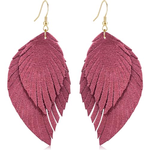 Genuine Leather Handmade Fringe Feather Lightweight Dangle Drop Earrings Teardrop Tassel Hook Earrings for Women - style: 9 Light Red