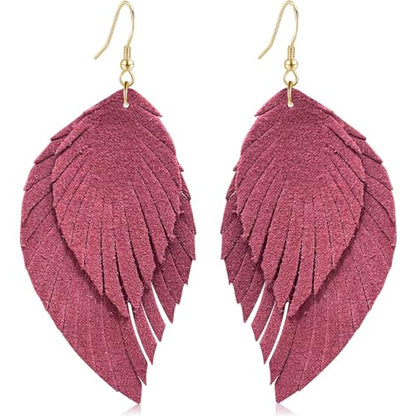 Genuine Leather Handmade Fringe Feather Lightweight Dangle Drop Earrings Teardrop Tassel Hook Earrings for Women - style: 9 Light Red