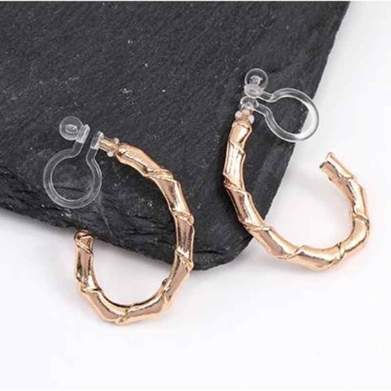 Hoop Invisible Clip On Earrings for Women Not Pierced Gold Small Twisted Hoop Comfortable Silver Large Clip On Earrings - color: Bamboo Hoop Gold
