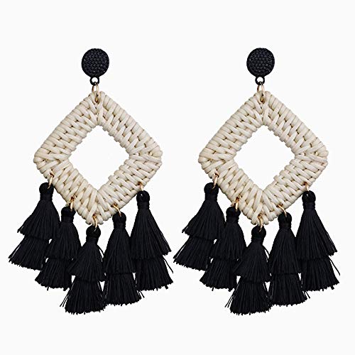 Bohemia Tassel Earrings Statement Handmade Dangle Ethnic Fringe Earrings Bamboo Weaving Geometric Square Sector Gifts for Women - color: C black