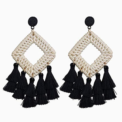 Bohemia Tassel Earrings Statement Handmade Dangle Ethnic Fringe Earrings Bamboo Weaving Geometric Square Sector Gifts for Women - color: C black