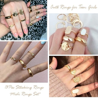 HUASAI Gold Stackable Rings Set for Women Boho Dainty Moon Star Pearl Leaf Cubic Zirconia Heart Midi Pinky Trendy Jewelry Birthday Gifts - color: F Gold 13 Pcs