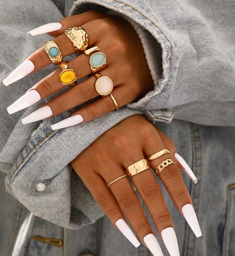 iF YOU 25 Pcs Gold Stackable Ring Set for Women, Chunky Knuckle Finger Midi Rings, Silver Simple Stacking Cute Rings Pack Trendy Stuff Jewelry Gift - style: 10 Chunky gold gem rings