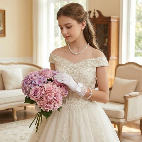 Marrywindix 4 Pcs Pearl Necklace Set Tea Party Gloves Pearl Necklace Bracelet Earring for Wedding Christmas Party Cosplay Accessories