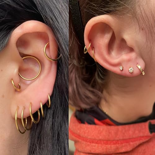 2Pcs Women Men Titanium Nose Rings Hoops 20G 18G 16G 14G 12G Hinged Nose Clicker for Nostril Septum Cartilage Helix Tragus Conch Daith Rook Lip Ear Lobe Piercings Diameter 6mm/7mm/8mm/9mm/10mm/11mm/12mm/14mm/16mm Sliver-Gold-Black-Rose Gold - color: Gold,