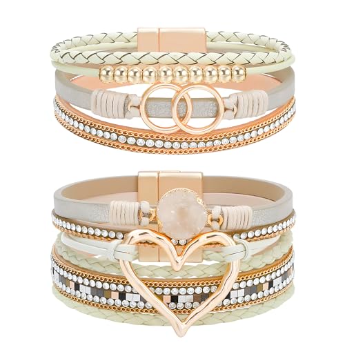 NEWITIN 2 Pieces Leather Wrap Bracelets for Women Leather Cuff Bangle Bracelets Boho Multi-Layer Bracelet Crystal Beads Bracelet for Women - color: Khaki