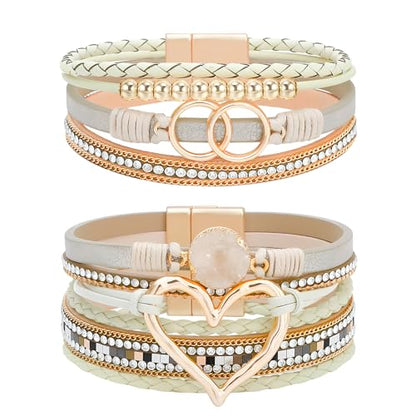 NEWITIN 2 Pieces Leather Wrap Bracelets for Women Leather Cuff Bangle Bracelets Boho Multi-Layer Bracelet Crystal Beads Bracelet for Women - color: Khaki