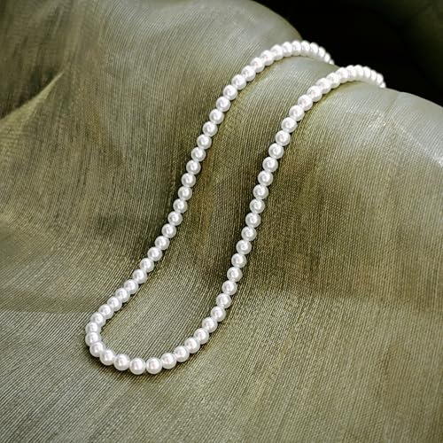 Zeffy Pearl Necklace 4MM/6MM/8MM Dainty Round Imitation Pearl Choker Necklace Wedding Pearl Necklace Delicate Jewelry for Women Simple Bridesmaid Jewelry Gifts - style: 4mm Gold Pearl Necklace(14"+2")