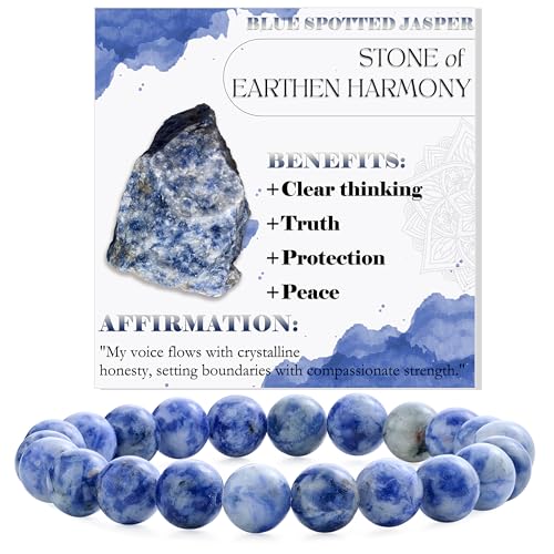 Bivei 8mm Beaded Bracelets for Women Handmade Semi Precious Natural Stone Stretch Elastic Jewelry Yoga Protection Gifts - color: Blue Spotted Jasper-Calm Flow, size: Medium 6.8-7.3 inch