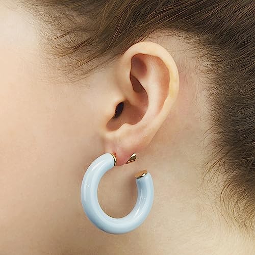 Gold Plated Multicolor Resin Chunky Thick Open Hoop Earrings in 57MM and 37.5MM Diameters - color: Blue - Baby Blue - Glossy Finish, size: 37.5MM (1.48") Diameter