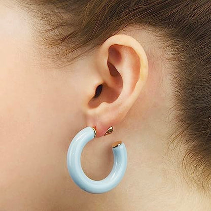 Gold Plated Multicolor Resin Chunky Thick Open Hoop Earrings in 57MM and 37.5MM Diameters - color: Blue - Baby Blue - Glossy Finish, size: 37.5MM (1.48") Diameter