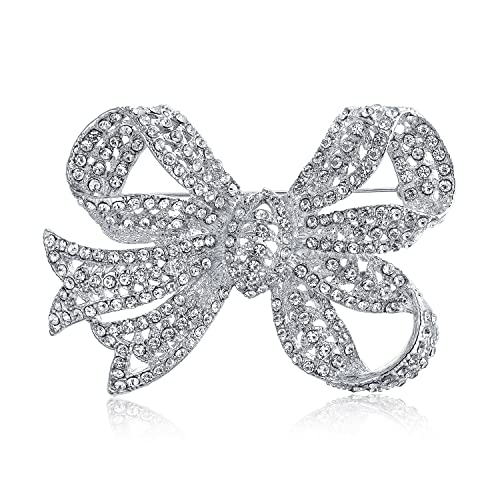 Bling Jewelry Victorian Vintage Style Winter Wedding Holiday Royal Blue White Glittering Crystal Pave Bridal Fashion Large Statement Filigree Ribbon Bow Scarf Brooch Pin For Women Silver Rose Plated - color: Silver Tone