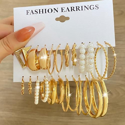 57 Pcs Gold Jewelry Set for Women,12 Pair Hoop Earrings，18 Pair Round Stud Earrings,21 Pcs Stackable Knuckle Rings,6 Pcs MultiLayer Pendant Necklaces，Fashion Accessories for women Gifts - style: Style 1