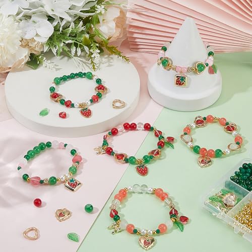 SUNNYCLUE 1 Box 6 Sets Christmas Fruit Bracelet Making Kits Enamel Strawberry Charms Red Green Glass Spring Food Alloy Light Gold Heart Flower Leaf Beads for Jewelry Making Kits Starter Supplies - style: Cherry 2