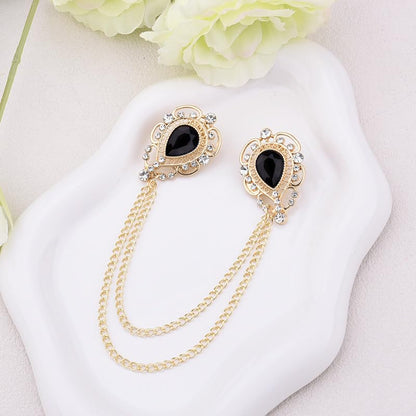 Teardrop Rhinestone Brooch Mens Lapel Pins for Shirt Collar Hanging Chain Brooch Suit Pin Crystal Rhinestone Lapel Pins for Men - color: Black