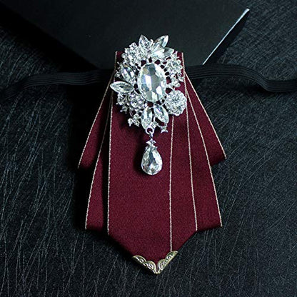 Crystal Bow tie Brooches Collar Pin Jewelry ribbon Fabric Bowknot Pre Tied Neck Tie For men Women wedding bridegroom - color: Dark Red