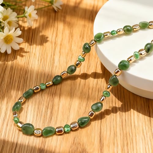 Boho Colorful Chunky Statement Beaded Necklaces for Women,Handmade Women's Fashion Gemstone Bead Choker Necklace,Western Natural Stone Strand Necklace Bib Collar Jewelry Unique Gifts for Women - color: 05-Green