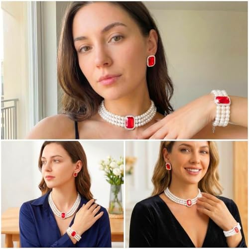 Brishow Pearl Necklace Jewelry Set Wedding Pearls Earrings Necklaces Set Bridal Crystal Bracelet Jewelry for Women (Pack of 3) - color: Red, size: 3 Layered