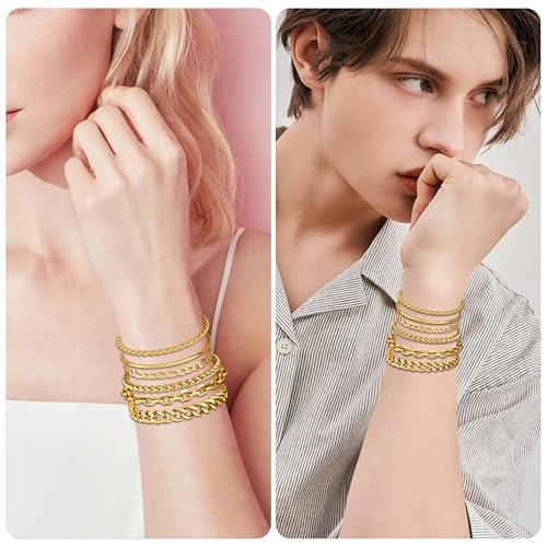 6PCS Stainless Steel Bracelets for Men Women, Silver Gold Black Cuban Link Rope Snake Wheat Chain Paperclip Figaro Jewelry Set, 7/8/9 Inches - color: Gold, size: 7 inches