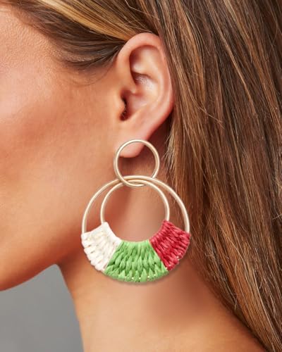 Raffia Hoop Earrings for Women Fun Boho Summer Beach Earrings Lightweight Handmade Straw Wicker Rattan Dangle Earrings Statement Geometric Round Drop Earrings - color: Christmas - Round