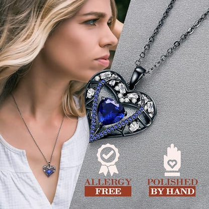 5 Heart I Love You Necklace for Women, Birthstone Crystal Pendant, Birthday Gift for Her, Wife, Mom, Rose Gold or Gunmetal Plated, 925 Sterling Silver Chain 18"+2" - color: 19-September-Sapphire Blue-GunMetal Plated