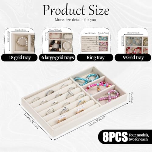 8 PCS Velvet Jewelry Trays, Stackable Jewelry Organizer Trays for Drawer | Multi Grid Earring Tray for Storing Necklaces, Rings, Earrings, Dressing Tables and Drawers-4 Styles, 8.3 x 4.9 Inch