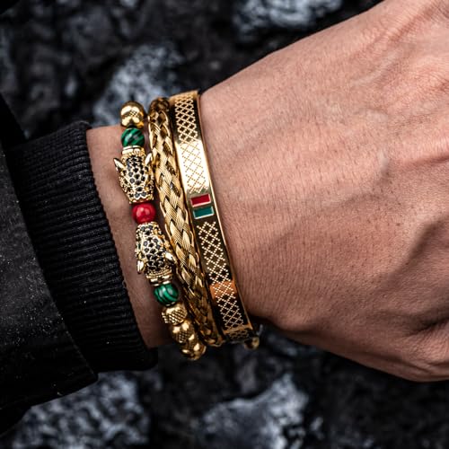 3pcs/set Classical Handmade Braiding Bracelet Hip Hop Men Pave CZ Leopard Head Roman Numeral Bracelet Stainless Steel Jewelry - color: 3pcs S Double Leopard Head Golden