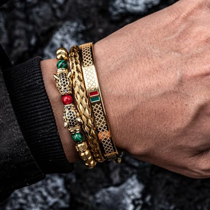 3pcs/set Classical Handmade Braiding Bracelet Hip Hop Men Pave CZ Leopard Head Roman Numeral Bracelet Stainless Steel Jewelry - color: 3pcs S Double Leopard Head Golden