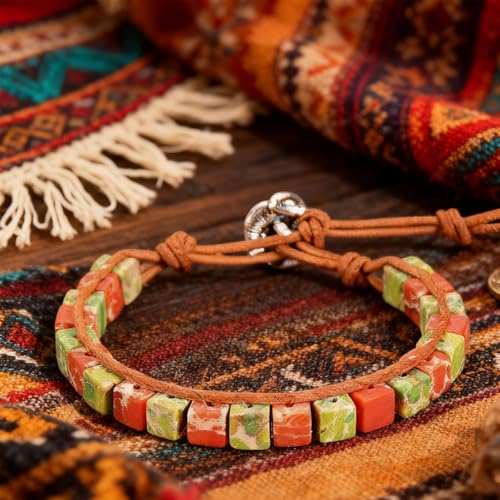 7 Chakra Bracelet Bohemian Handmade Leather Wrap Healing Protection Natural Stone Yoga Beaded Bracelets Boho Friendship Jewelry - color: Orange & Green