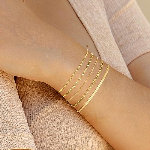 Dainty 14K Gold Plated Bracelets for Women Waterproof, Non Tarnish Gold Jewelry Sets, Thin Stackable Link Paperclip Chain Bracelet Pack Fashion Accessories Gifts for Womens - style: 5Pcs BRACELET SET-06