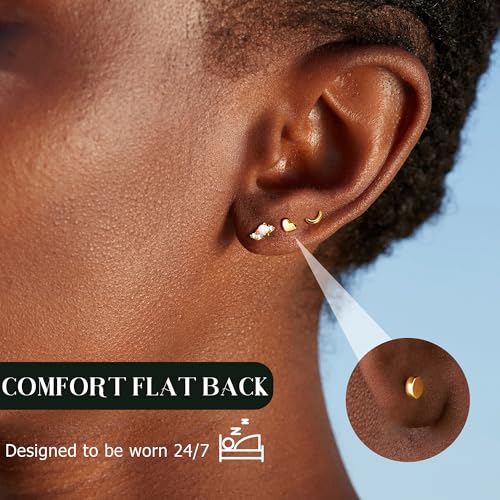 14K Gold Plated 925 Sterling Silver Flat Back Earrings Set | Hypoallergenic Cartilage Helix Conch Tragus Piercing Jewelry 3 Pairs Small Screw Dainty CZ Opal Earring Set Men Women - color: Gold, Style D