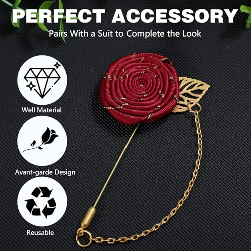 Gold Lapel Pin for Men, Gold Foil Brooch Men's White Flower Satin Lapel Pin with Metal Chain for Suits Professional Tuxedo Groom Wedding Brooch - color: Wine Red