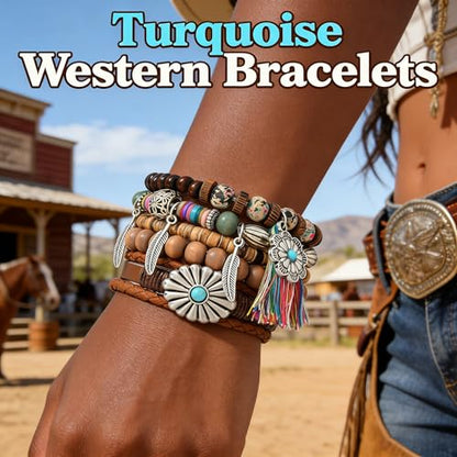 Western Outfits for Women Turquoise Western Bracelets Bohemian Vintage Stackable Beaded Leather Bracelets Adjustable Hand-woven Layered Bracelet Western Country Concert Jewelry for Women - style: Tassel