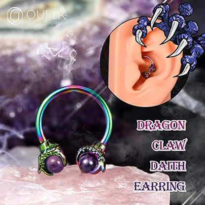OUFER 316L Surgical Steel Circular Earrings Two White Opals Surrounded by Dragon Claws Cartilage Earing Ear Body Piercing Jewelry Helix Earrings Piercing… - color: Rainbow Purple