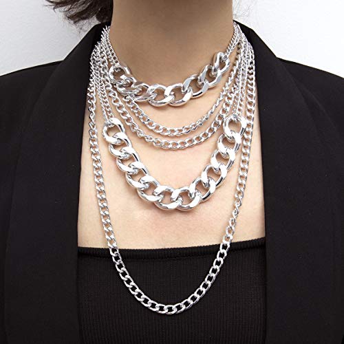 CSIYANJRY99 Chunky Gold Necklaces for Women,Multilayer Punk 80s Hip Hop Necklace,Layered Cuban Link Chain Statement Necklace 90s Freaknik Outfit Accessories for Women - color: Chunky Silver