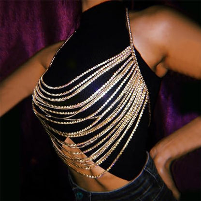 Multi-Layer Body Chain Necklace Rhinestone Chain Halter Top Body Jewelry Sexy Tassel Chest Chain Rave Nightclub Accessory - color: Gold
