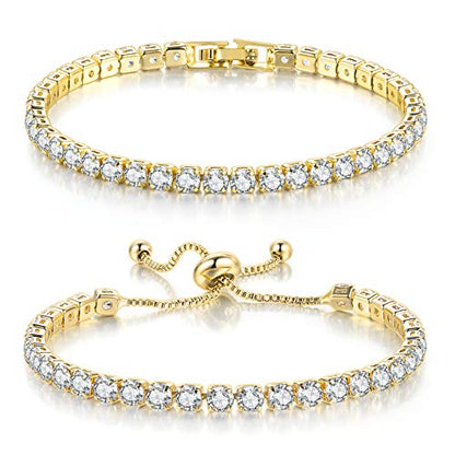 2 Pcs Tennis Bracelets for Women 14K Gold Plated AAA+ Cubic Zirconia CZ Diamond Classic Adjustable Slider Bracelet Fashion Jewelry Wedding Gift Size 6.5-7.5 Inch - color: Gold, size: 6.5 Inches