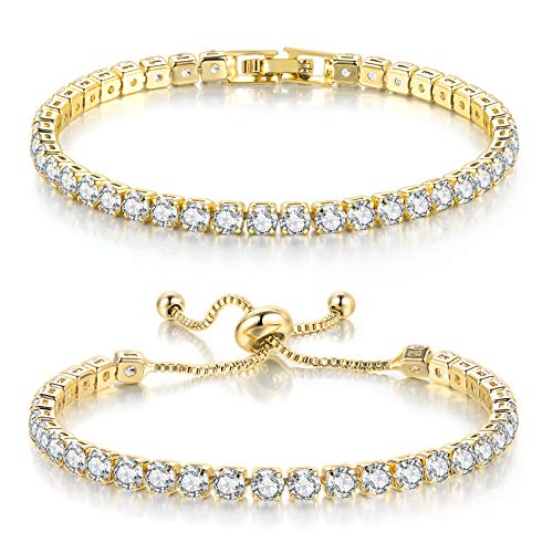 2 Pcs Tennis Bracelets for Women 14K Gold Plated AAA+ Cubic Zirconia CZ Diamond Classic Adjustable Slider Bracelet Fashion Jewelry Wedding Gift Size 6.5-7.5 Inch - color: Gold, size: 7.5 Inches