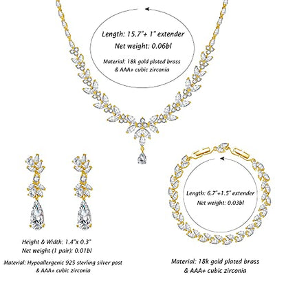 Jewelry Set for Women, Cubic Zirconia Necklace Dangle Earrings & Bracelet Jewelry Set for Bride Bridesmaid Wedding Engagement Prom Party - style: Gold-Necklace+Bracelet+Earrings