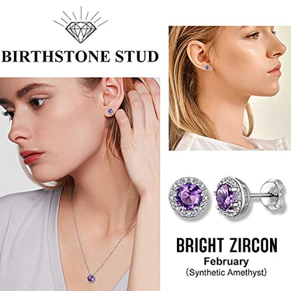 Bestyle Sparkling 925 Sterling Silver Birthstone Stud Earrings for Women, Heart/Round/Teardrop/Square Solitaire Diamond Studs Earrings, Great Birthday/Christmas Gifts - style: 02. Purple Amethyst-Feb.-round