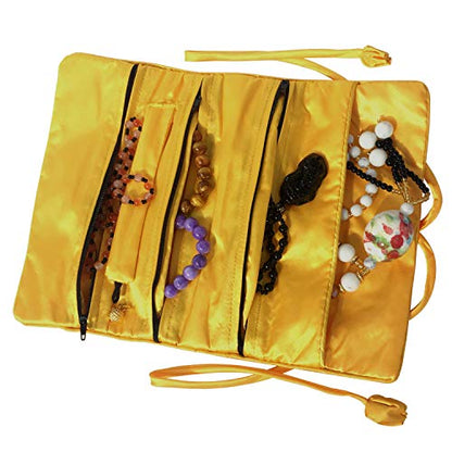 Travel Jewelry Roll Bag - Silk Embroidered Brocade Pouch for Rings, Necklaces, Earrings, Bracelets | Lightweight & Tie Closure (Gold Yellow) - color: Gold Yellow